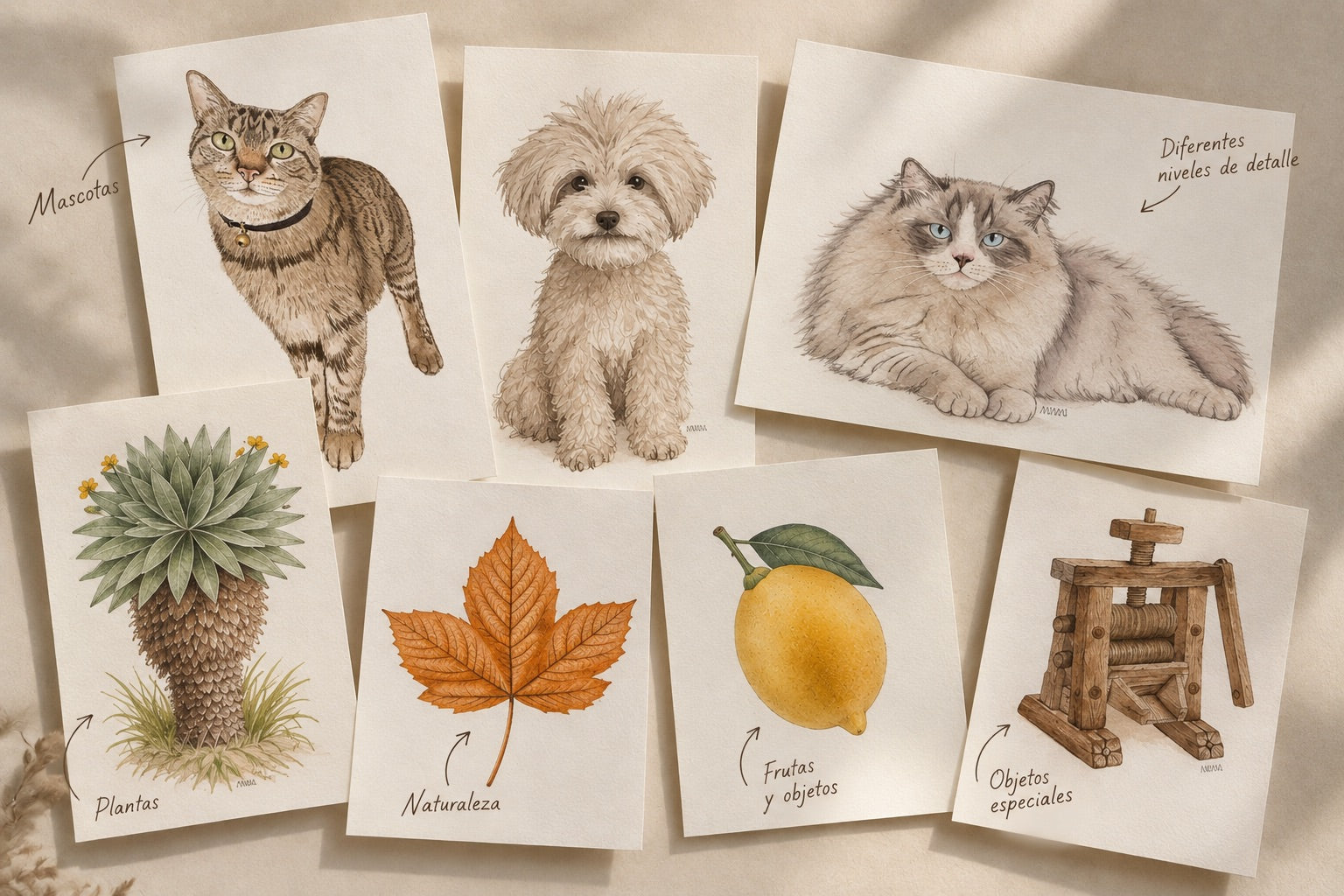 Ejemplos de encargos en acuarela: retratos de gatos y un perro, plantas, una hoja, un limón y un objeto de madera.